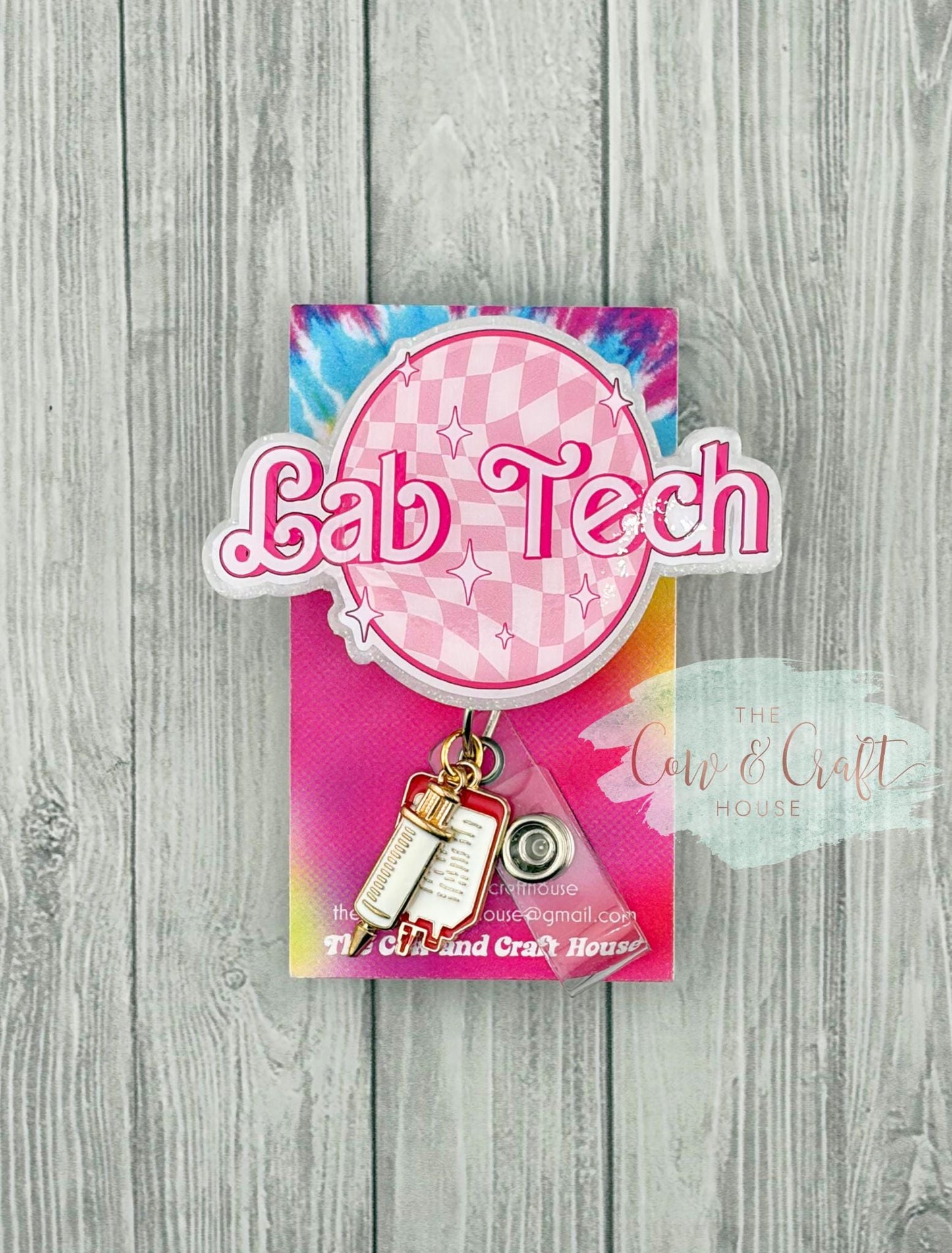 Lab Tech Badge Reel | Pink White Barbie Font | Swivel Clip 34” Nylon Cord | Cute Medical Badge Reel