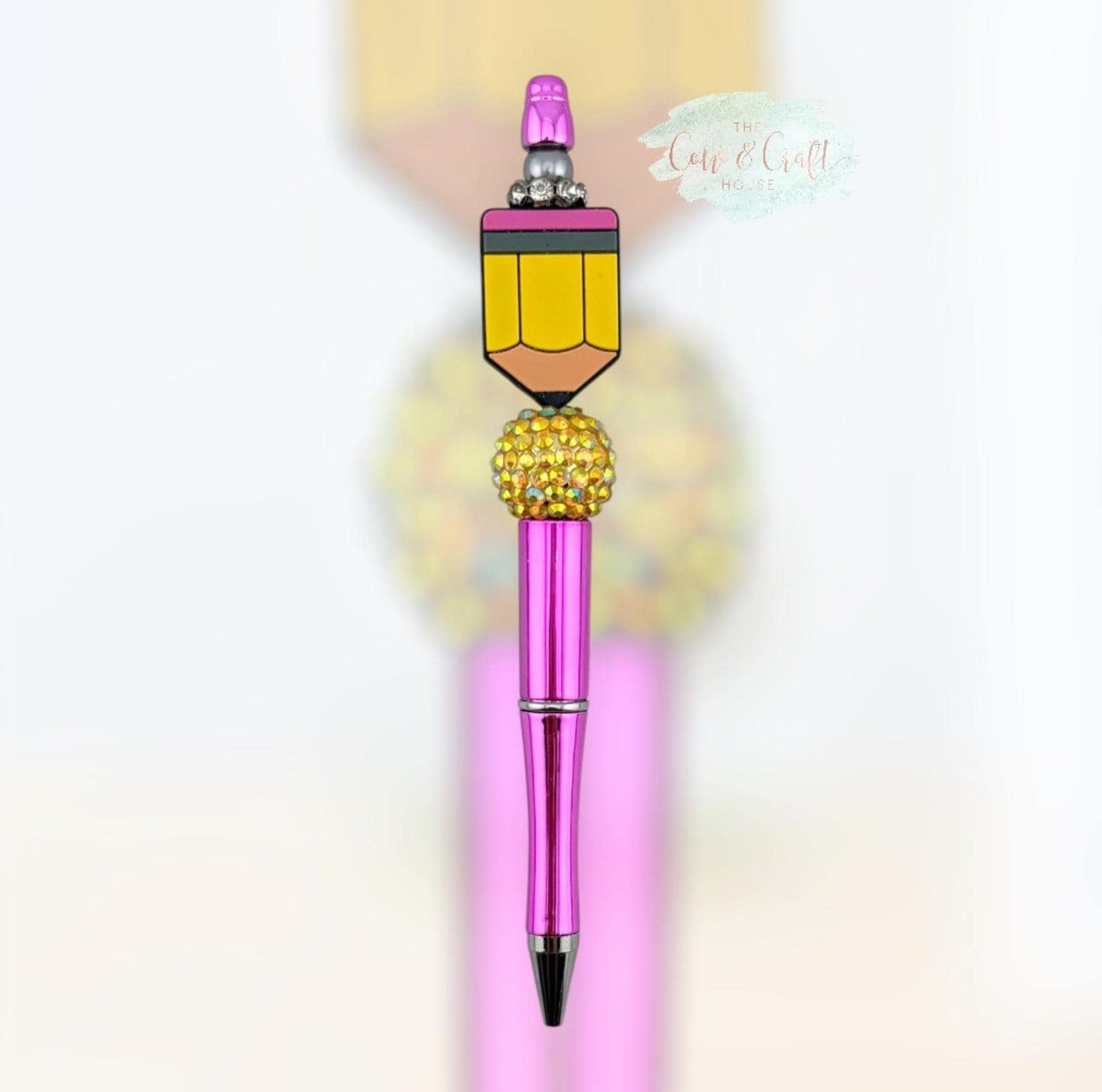 Hot Pink Holographic Teacher Pen | Beaded Twist Pen Black Ink | Cute Yellow Teacher Focal | Gift for Teacher