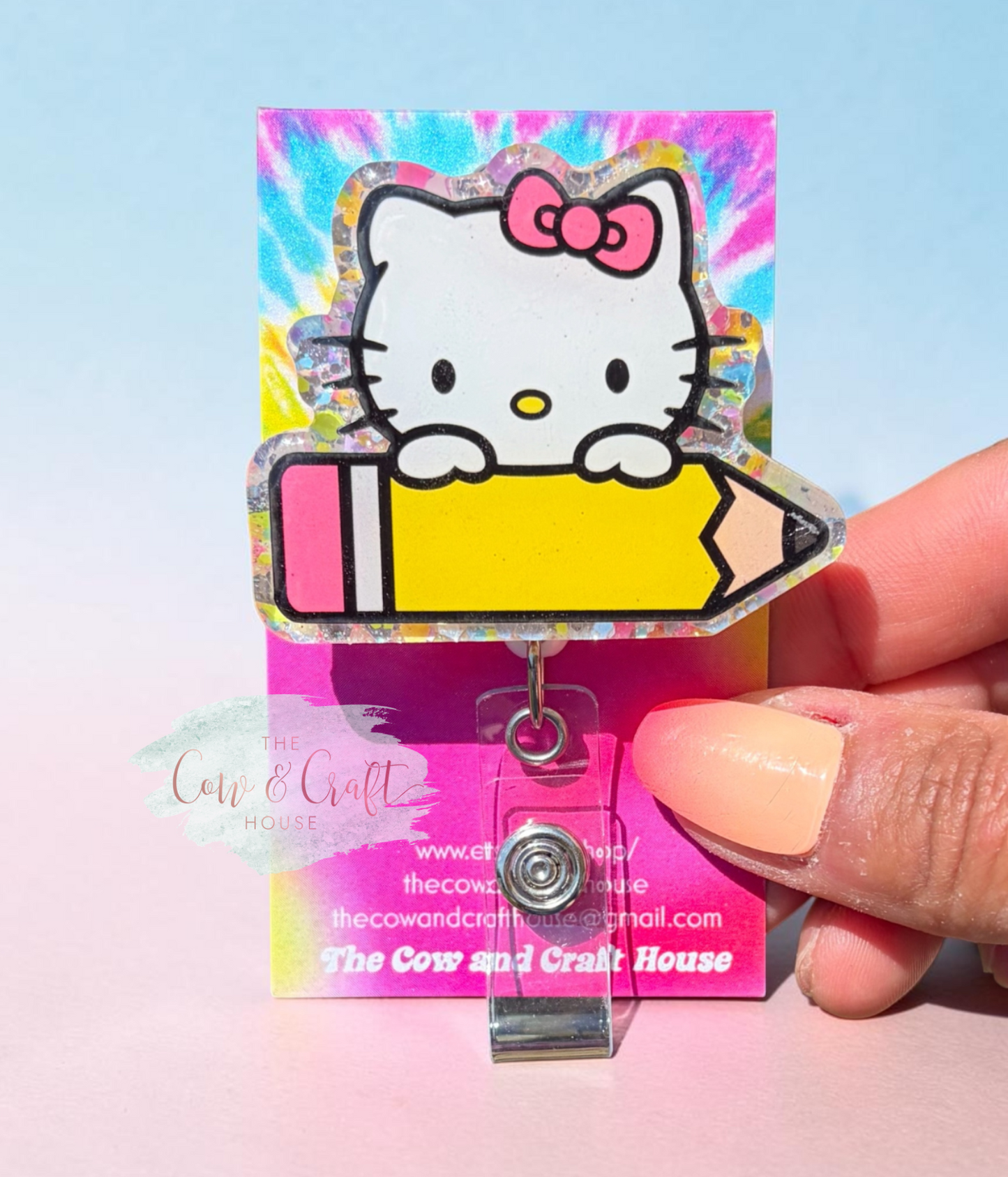 🍎 Cute Kitty Teacher Badge Reel | Cat with Pencil Badge Holder | 34" Nylon Cord Swivel Clip | Teacher Gift | School ID Badge Reel