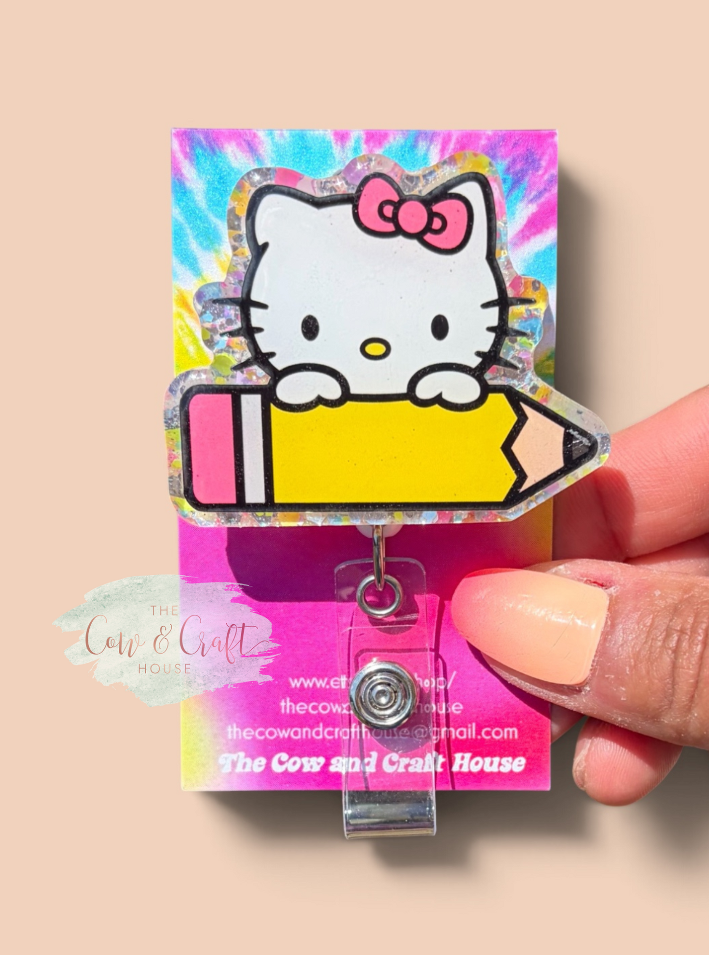 🍎 Cute Kitty Teacher Badge Reel | Cat with Pencil Badge Holder | 34" Nylon Cord Swivel Clip | Teacher Gift | School ID Badge Reel