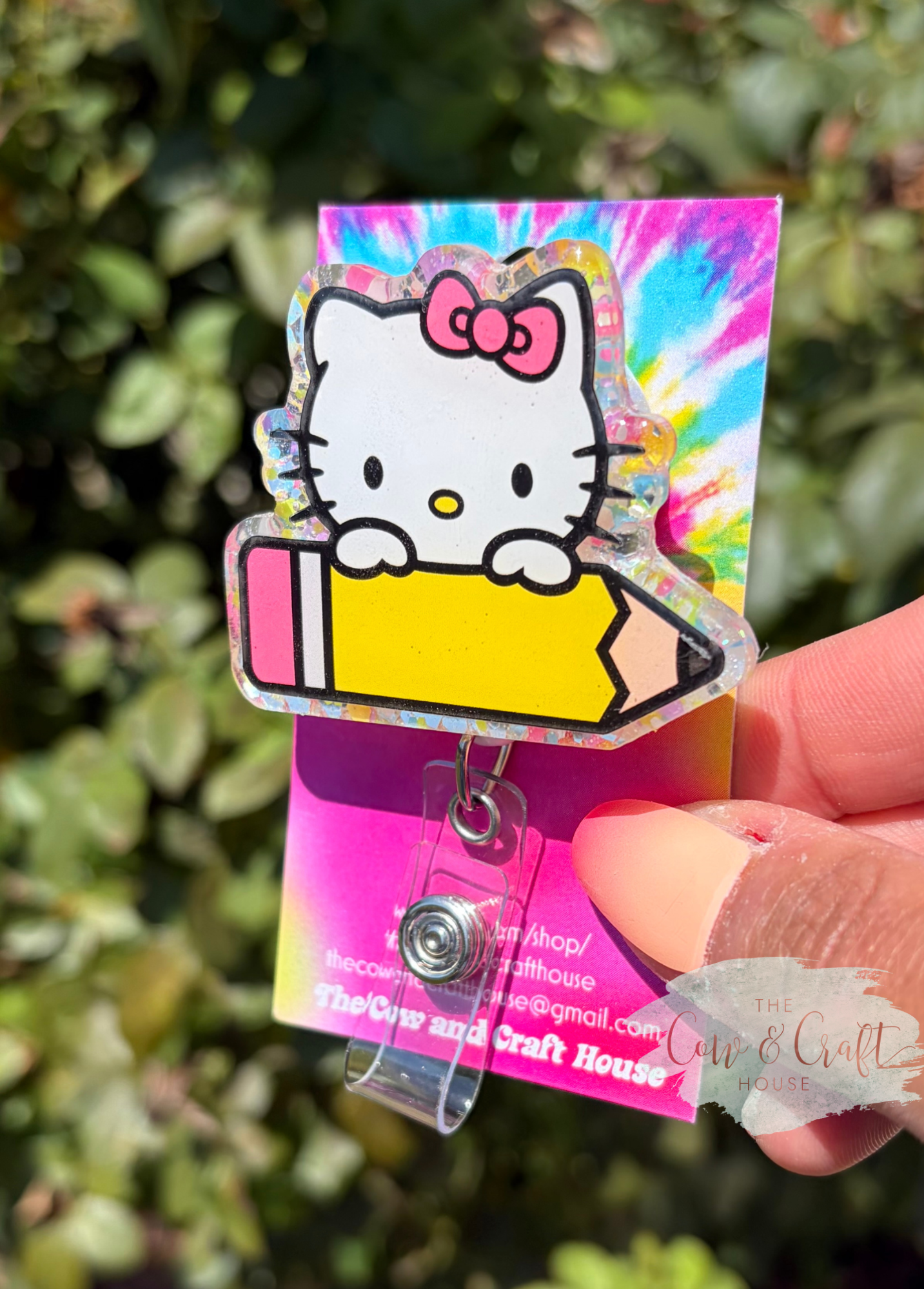 🍎 Cute Kitty Teacher Badge Reel | Cat with Pencil Badge Holder | 34" Nylon Cord Swivel Clip | Teacher Gift | School ID Badge Reel