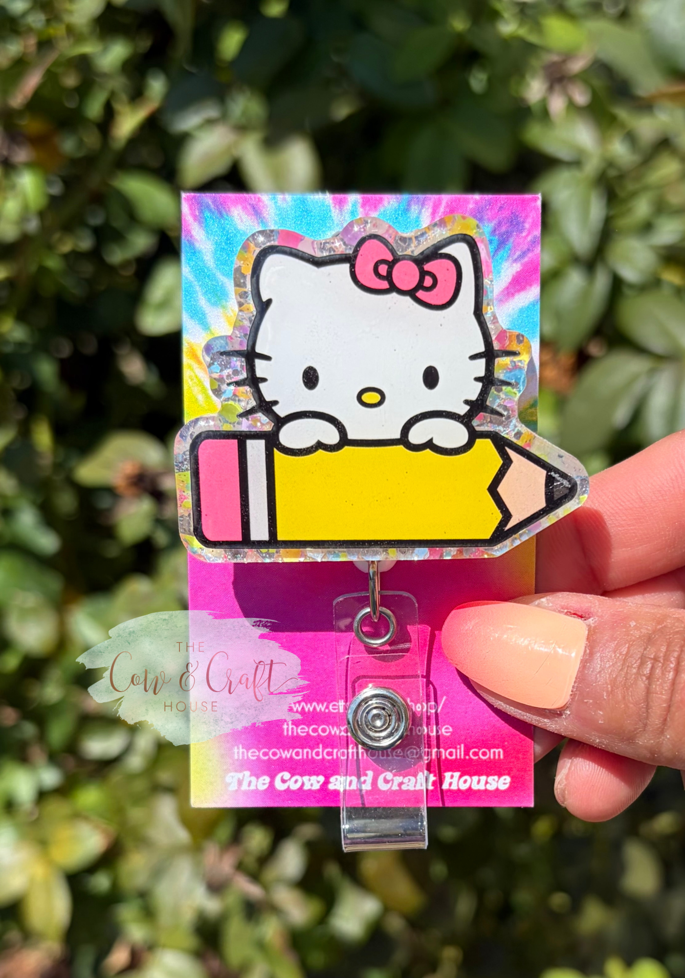 🍎 Cute Kitty Teacher Badge Reel | Cat with Pencil Badge Holder | 34" Nylon Cord Swivel Clip | Teacher Gift | School ID Badge Reel