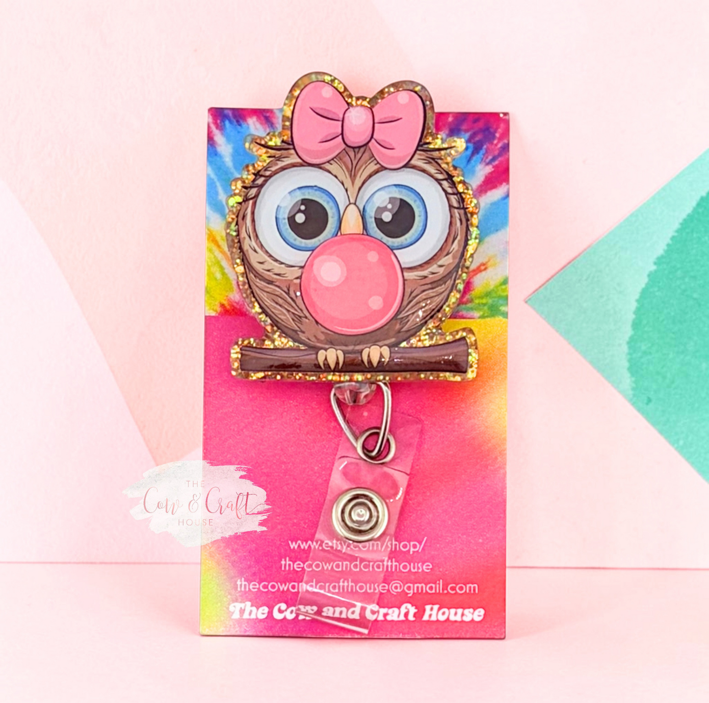 Cute Owl Bubblegum Badge Reel | Bubble Gum Owl ID Holder | 34" Nylon Cord Swivel Clip | Nurse Badge Reel | Teacher Badge Holder | Healthcare