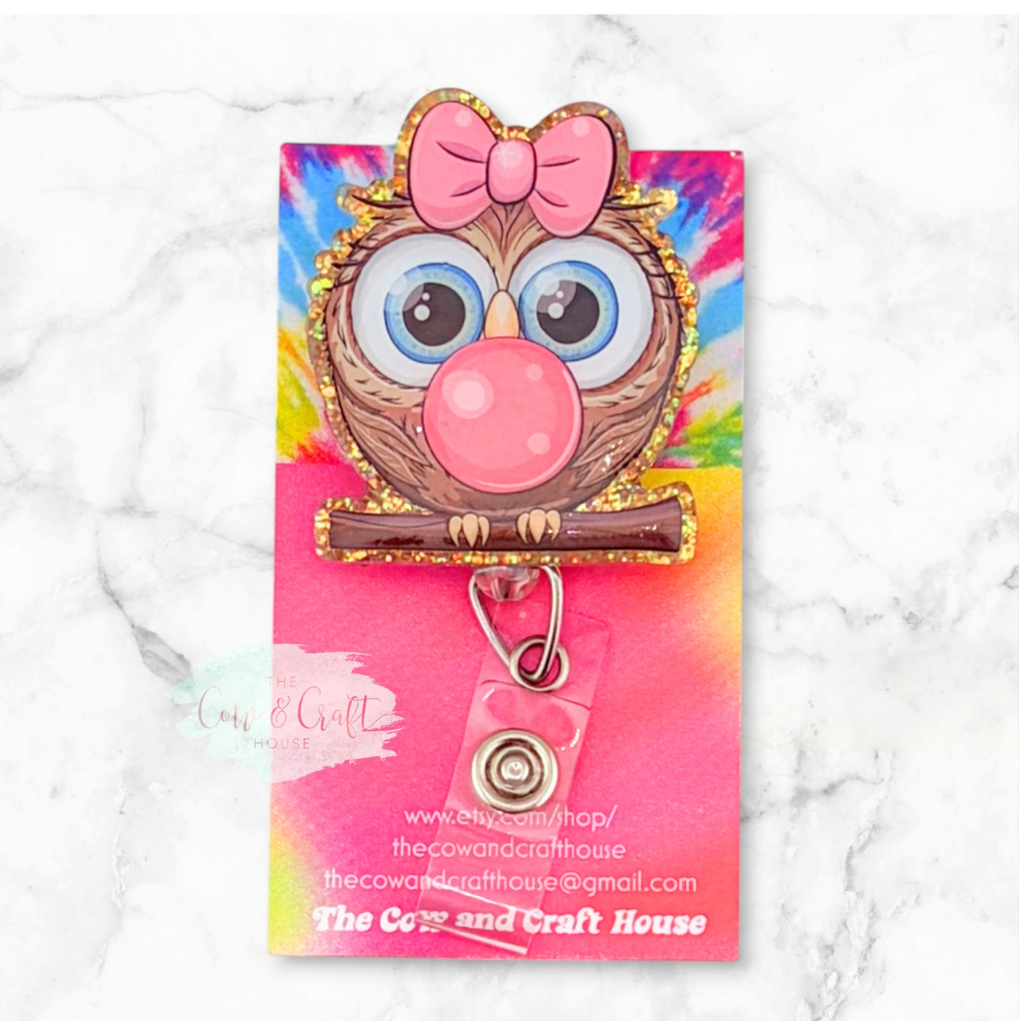Cute Owl Bubblegum Badge Reel | Bubble Gum Owl ID Holder | 34" Nylon Cord Swivel Clip | Nurse Badge Reel | Teacher Badge Holder | Healthcare